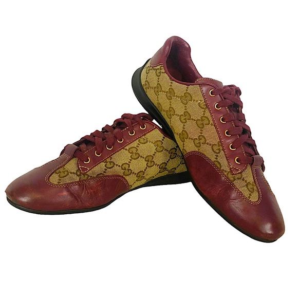 GUCCI Maroon Leather Tan Monogram Lace Up Sneakers 270105 - Picture 2 of 16